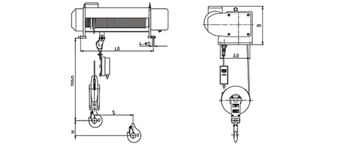 SHA型固定式鋼絲繩電動(dòng)葫蘆結構尺寸圖