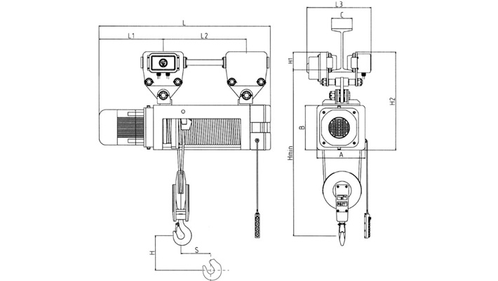 懸掛式鋼絲繩電動(dòng)葫蘆結構尺寸圖