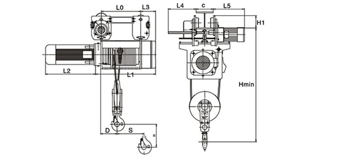 運行式鋼絲繩電動(dòng)葫蘆結構尺寸圖片