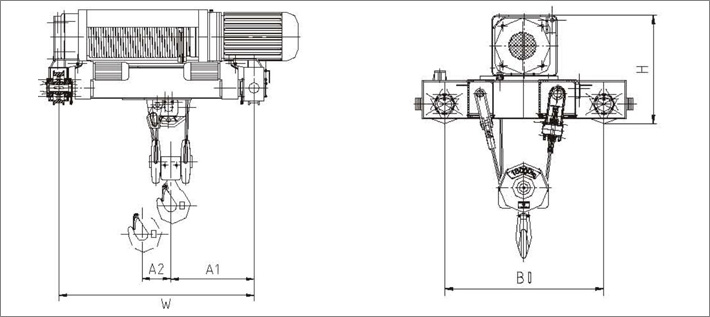 SH型雙梁小車(chē)式鋼絲繩電動(dòng)葫蘆結構尺寸圖