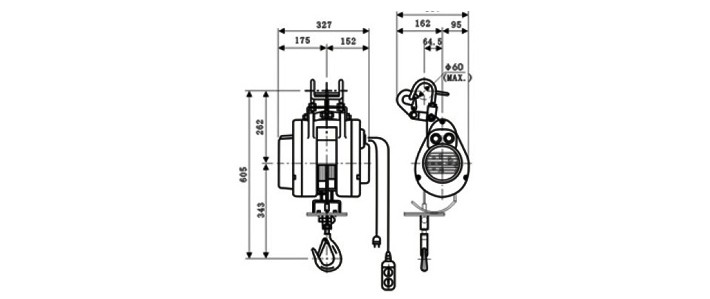 懸掛式微型電動(dòng)葫蘆尺寸參數圖片